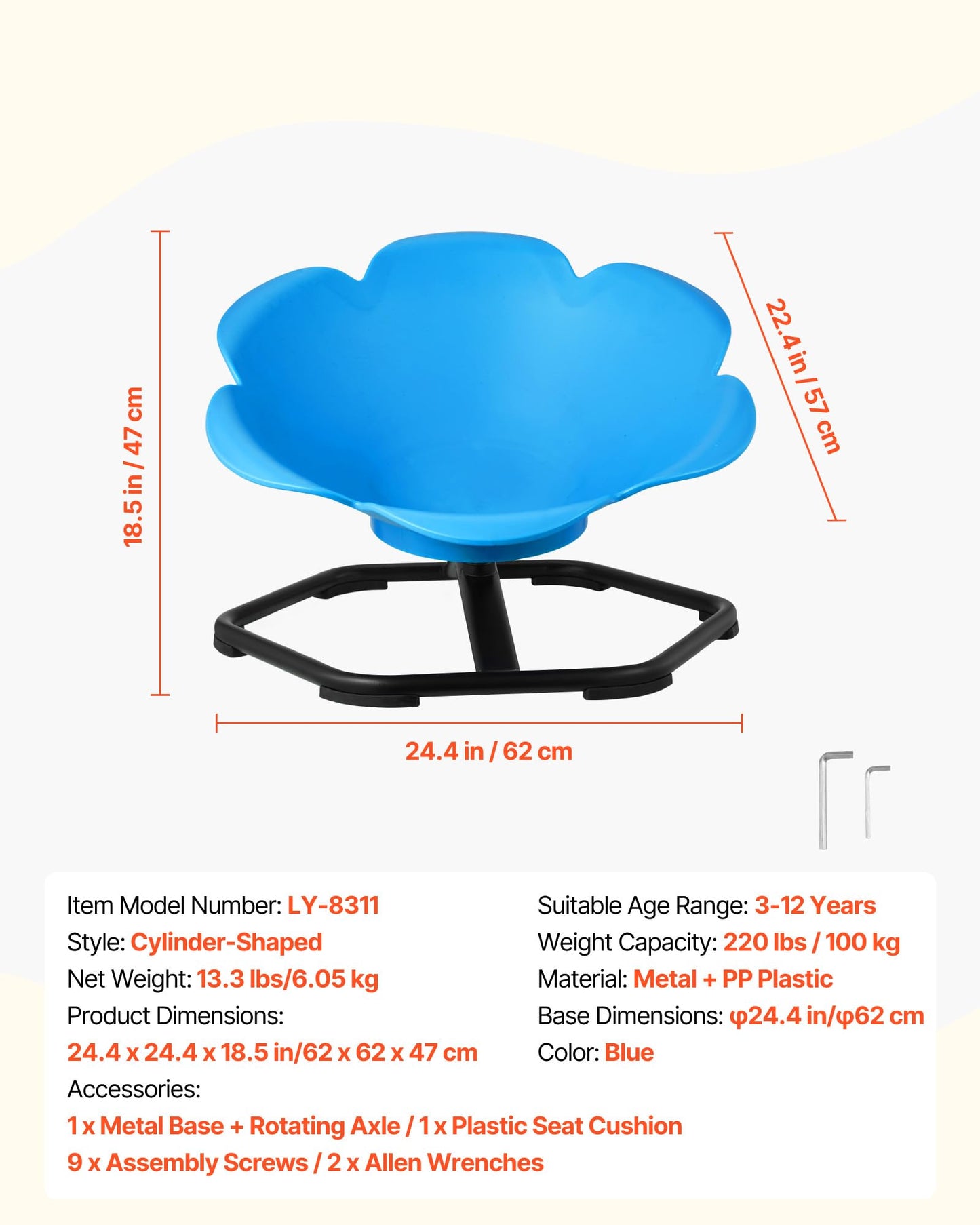 VEVOR Kids Swivel Chair, 220 lbs Capacity, Cylinder Shape Sensory Spinning Chair, Autistic Kids Sensory Toy Seat with Non-Slip Metal Base, Toddler Sit & Spin Seat for Coordination Balance Focus, Blue