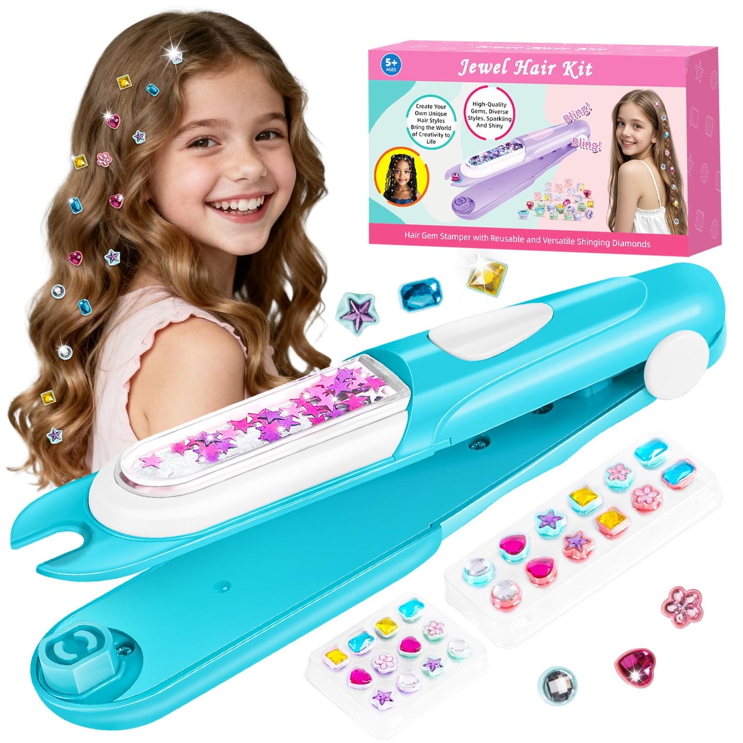 ADXVR Hair Gem Stamper Kit - Bling Hair Jewels for Girls Toys - Hair Accessories with Reusable Shining Diamonds, Birthday for Girls 3 4 5 6 8-12