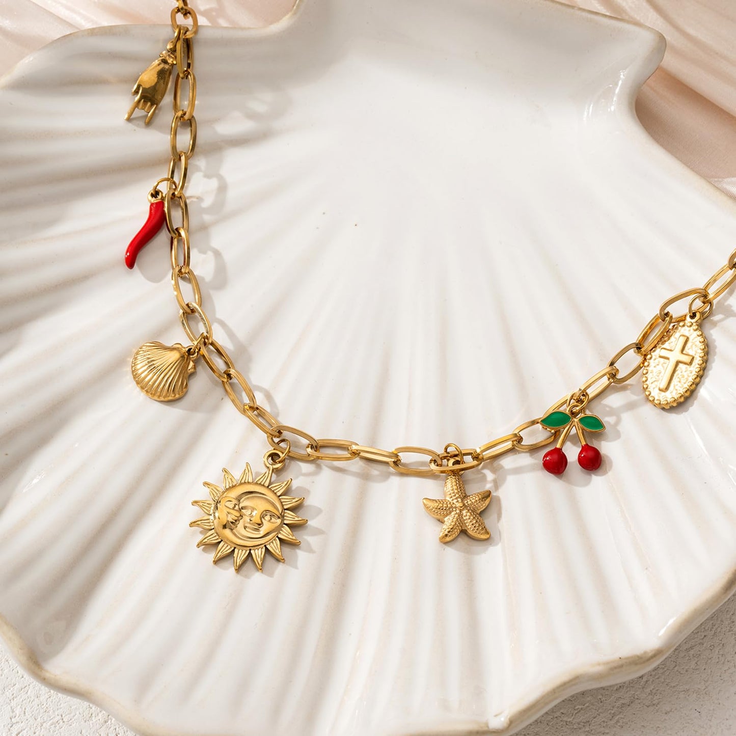 Trendy Stainless Steel Gold Plated Charm Necklace with Heart Pearl Pepper Conch Ceramic Pendant Necklace for Women Collares Chokers Jewelry (Sun Necklace)