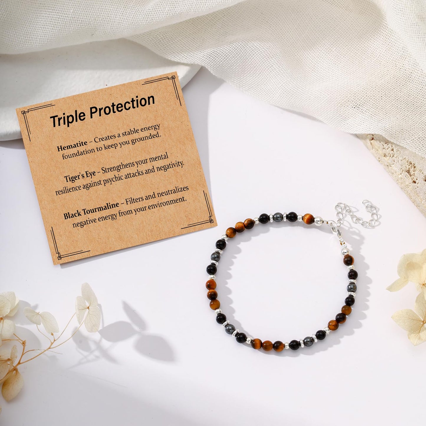 Kenailw Triple Protection Bracelet for Women Gifts, Crystal Hematite Black Tourmaline Tigers Eye Beaded Healing Obsidian Guardian Piedra Turmalina Negra Natural Stones Jewelry