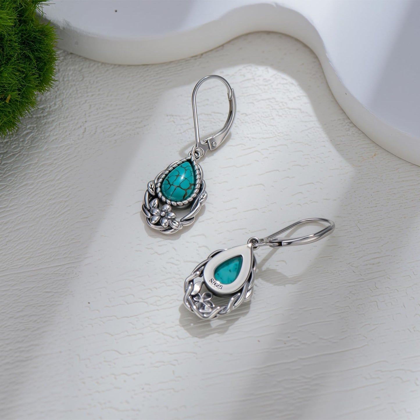 Eetaitai Natural Turquoise Flower Earrings for Women 925 Sterling Silver Teardrop Leverback Dangle Earrings Western Vintage Boho Jewelry Mothers Day Gifts for Mom Wife Sister