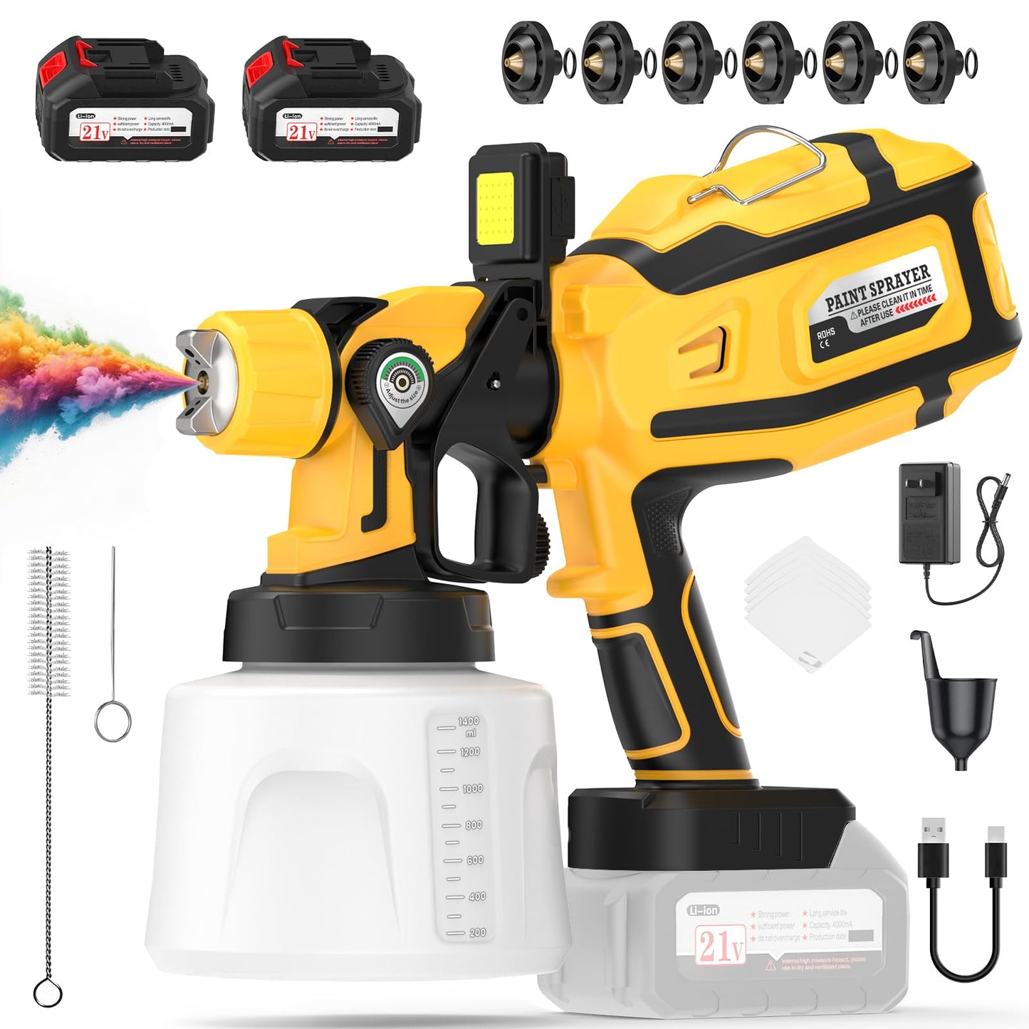 Paint Sprayer, 32000 RPM Cordless Electric Spray Paint Gun with 1400ml Container, Easy to Clean, 2×4000mAh Battery, LED Light, 3 Modes & 6 Nozzles, Paint Sprayer for House Wall Fence DIY Painting
