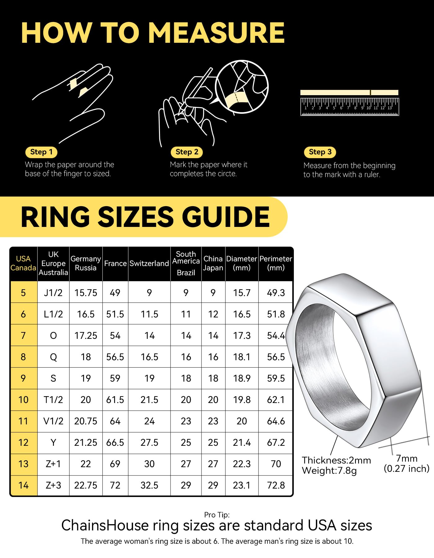 ChainsHouse Men's Punk Stainless Steel Gothic Screw Edge Hexagon Geometric Biker Ring Bands, Size 12