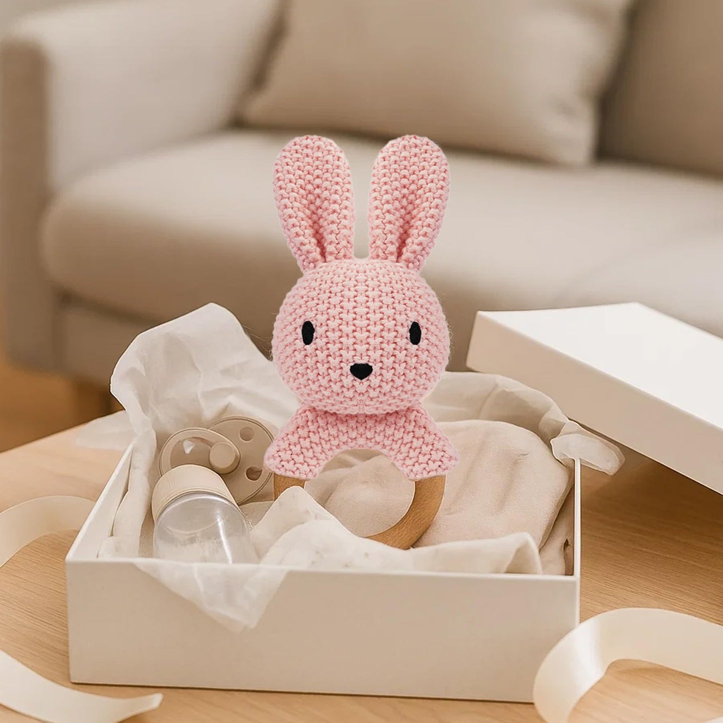 JUSTQUNSEEN Baby Rattle Teether Bunny Pink Crochet Rabbit Toy for Baby Girl Handmade Knitted Easy Grip Wood Handle for Gum Relief Woodland Animal Plush Stuffed Easter Basket Shower Gift Newborn