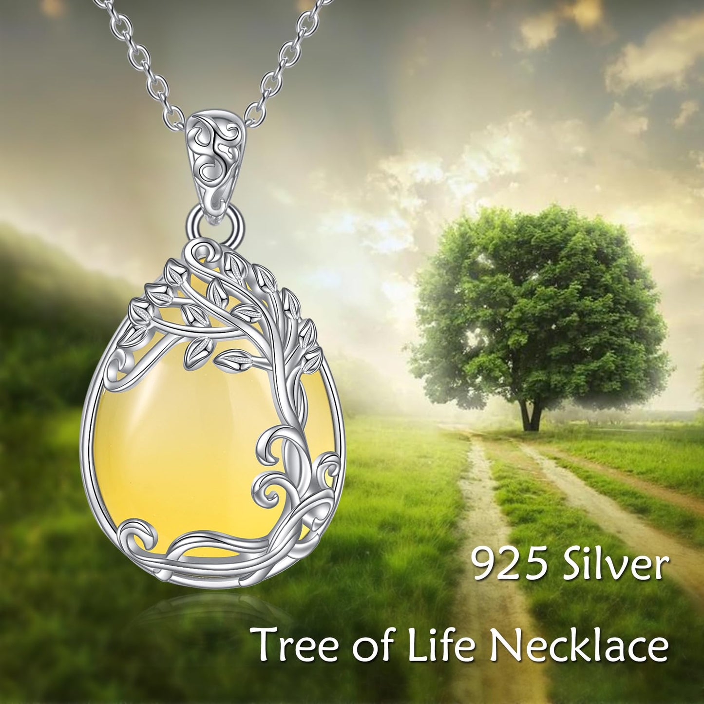 YAFEINI 925 Sterling Silver Yellow Agate Necklace Tree of Life Teardrop Pendant Necklace Jewelry for Women (LL-Tree of Life Yellow Agate Necklace)