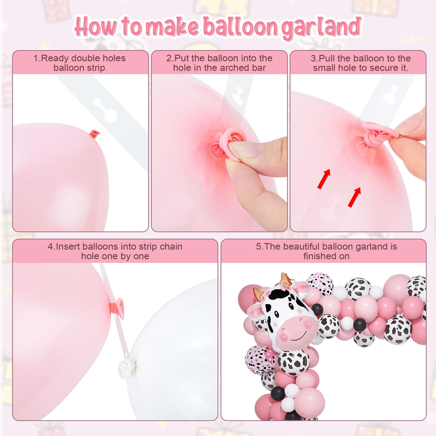 Amandir 115PCS Pink Cow Party Decorations - Balloon Garland Arch Kit with Cow Print Balloons, Happy Birthday Banner, Cake Topper for Girl Baby Shower, Farm Animals Themed Birthday Party Supplies