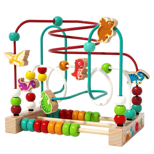 edutree Wooden Bead Maze Roller Coaster Toys for Toddlers, Dinosaur Colorful Shape Montessori Toys for 2-3 Year Old, Educational Learning Counting Toy for Baby Kids, Gift for Girls Boys