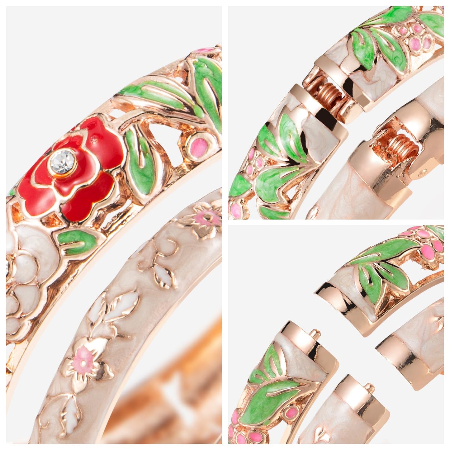 UJOY Vintage Cloisonne Jewelry Bracelet Rose Flower Handmade Rhinestones Enamel Spring Cuff Bangles 2 Pcs Set for Womens Gift 88A10-55A82 Cream White