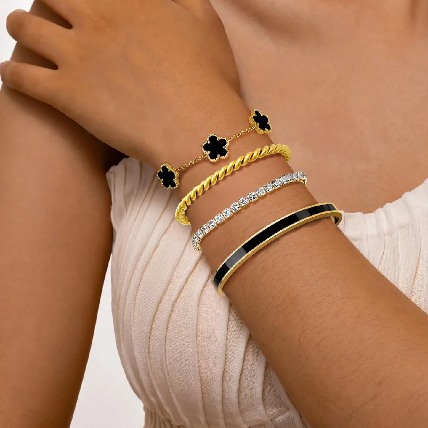 MOINSPIRE 18K Gold Plated Bracelets for Women, Stainless Steel Four Leaf Clover Tennis Nail Love Bangle Bracelets Set, Trendy Stackable Twist Cuff Bracelet Non Tarnish Jewelry Gifts for Christmas