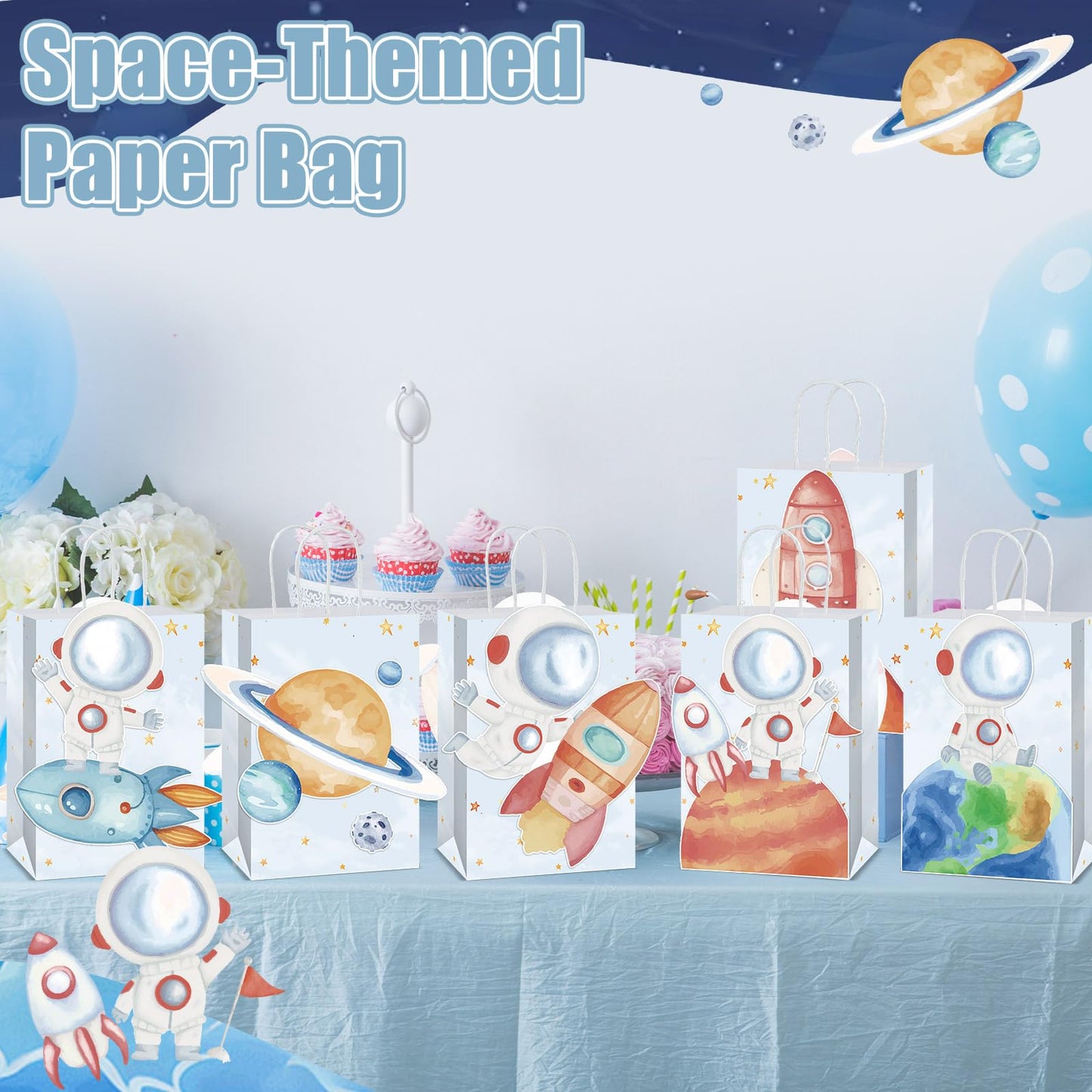 Naozinebi 12 Pcs Outer Space Party Favors Bags with Handles Astronaut Galaxy Theme Party Supplies Solar System Goodie Gift Rocket Paper Bag for Kids Birthday in 6 styles Gift Bags for Baby Shower