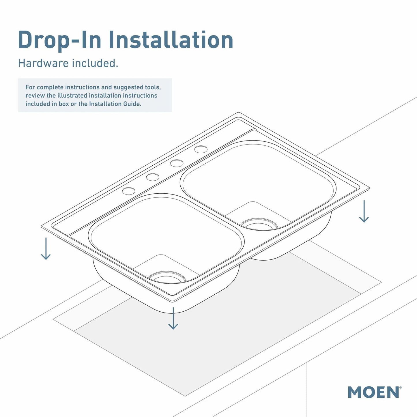 Moen GS181631BQ 1800 Series 33-inch 18 Gauge Drop-in Single Bowl Stainless Steel Kitchen Sink, 7-inch Depth, Featuring QuickMount