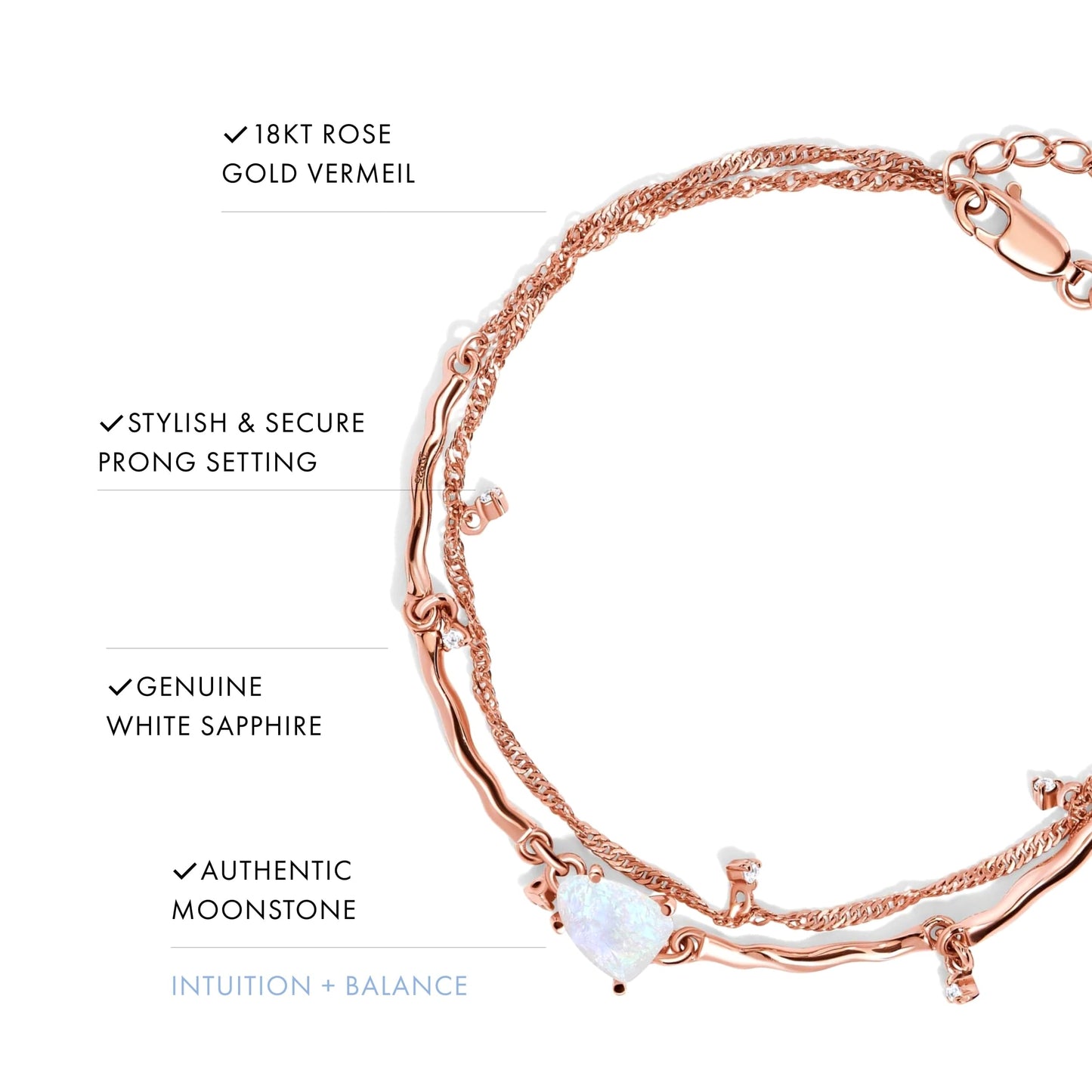 Moon Magic Moonstone Bracelet for Women | Black Obsidian, Rose Quartz Bracelet/Real 925 Sterling Silver | 18k Rose & Yellow Gold Rainbow Genuine Moonstone Jewelry for women | June Birthstone Bracelet