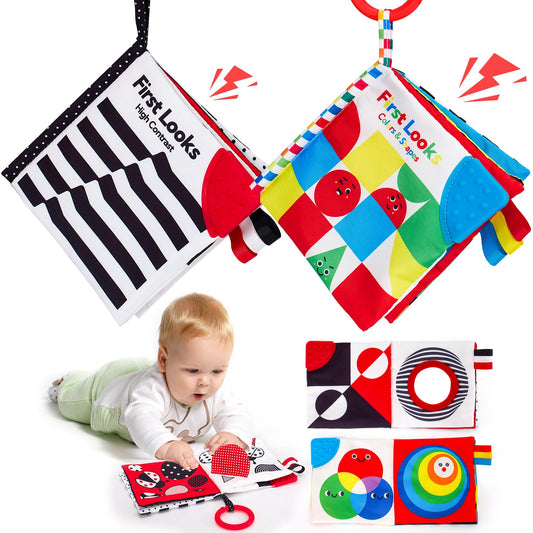 hahaland Baby Books 0-6 Months - 2PCS Infant Toys 0-6m Tummy Time Babies Toy Newborn Toys High Contrast Visual Development Sensory Book Baby Girl Boy Shower Birthday Easter Basket Stuffers