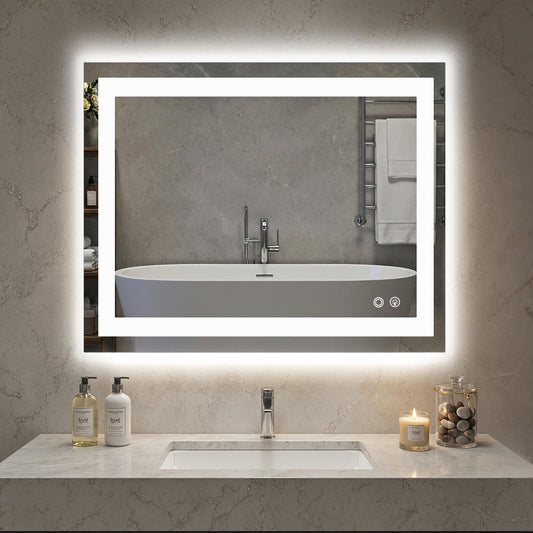 NEWBULIG Smart Anti-Fog LED Bathroom Mirror with Front Light & Backlit, 3 Color Modes, Dimmable, Memory Function, Wall-Mounted Modern Rectangular Vanity Mirror, White, 32"x40"