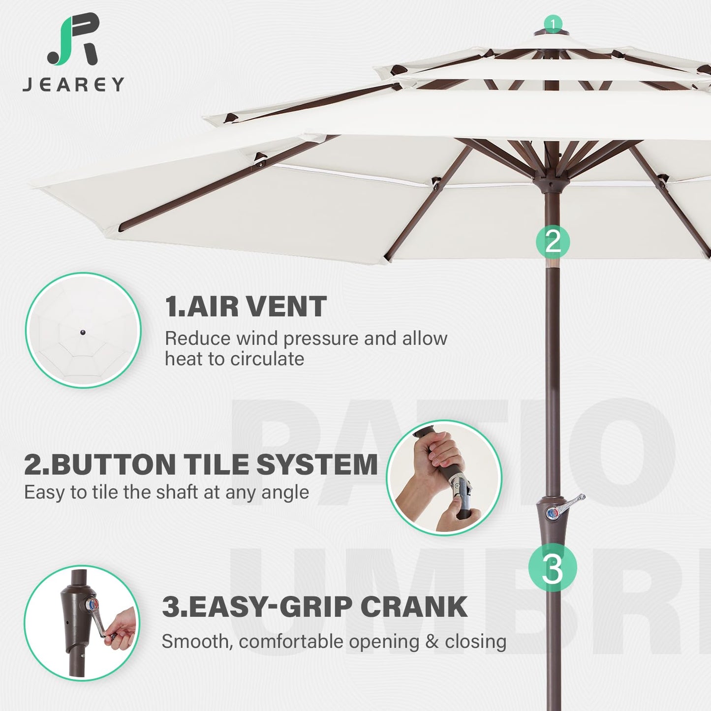 JEAREY 9FT 3 Tier Patio Umbrella Outdoor Market Umbrella Table Umbrellas with 8 Ribs 1.5 Pole Push Button Tilt and Crank UV Protection for Garden,Off-white