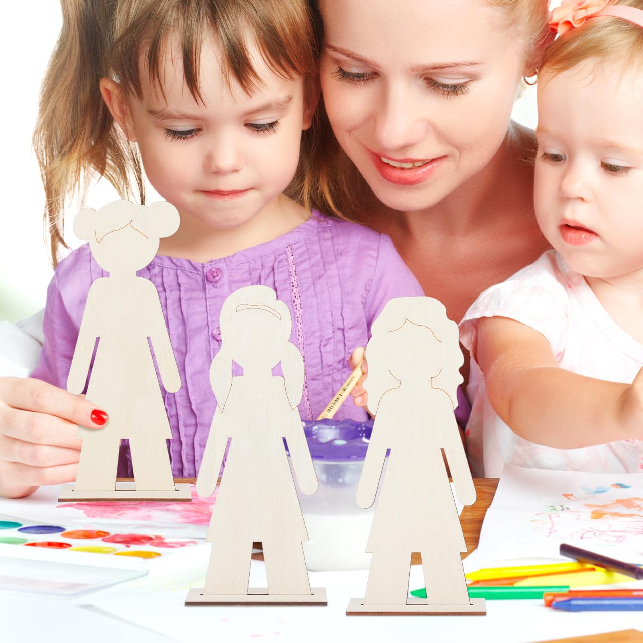 NUOBESTY 20Pcs Standing Wood People Cutouts Girls Manual Blank Wooden Shapes for Crafts Unfinished Woodslices DIY Graffiti Wooden Cutouts Human Decorations Label