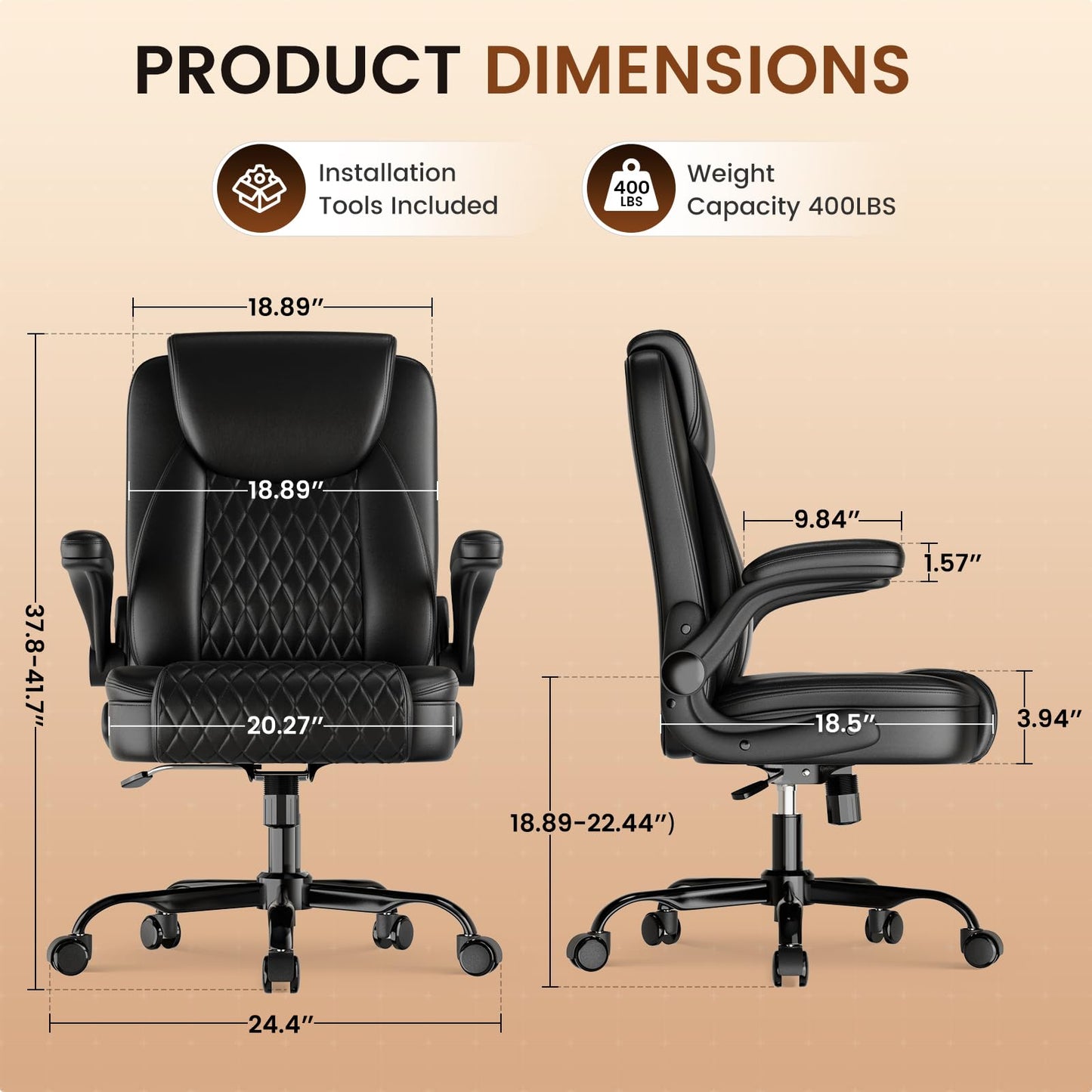 GTPLAYER Leather Office Chair 400lbs, Home Desk Chair with Flip-up Arms and Ergonomic Back - Comfy Heavy Duty Executive Chair for Home Office Gaming, Black