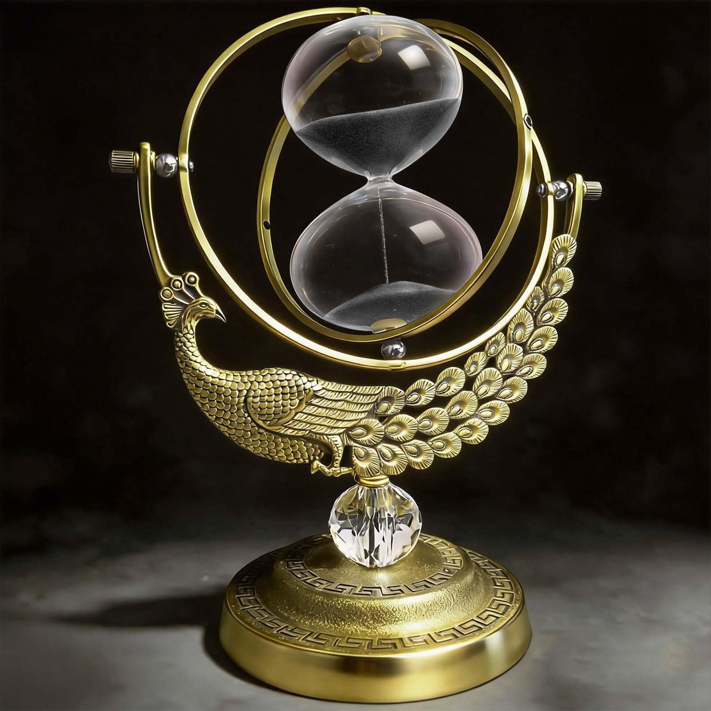 Hourglass 60 Minute Sand Timer, 720° Rotating Brass Peacock & Crystal Ball Sand Clock,Antiguo Reloj De Arena 1 Hora, Large Metal One Hour Glass Sandglass for Gifts Office Desk Decor
