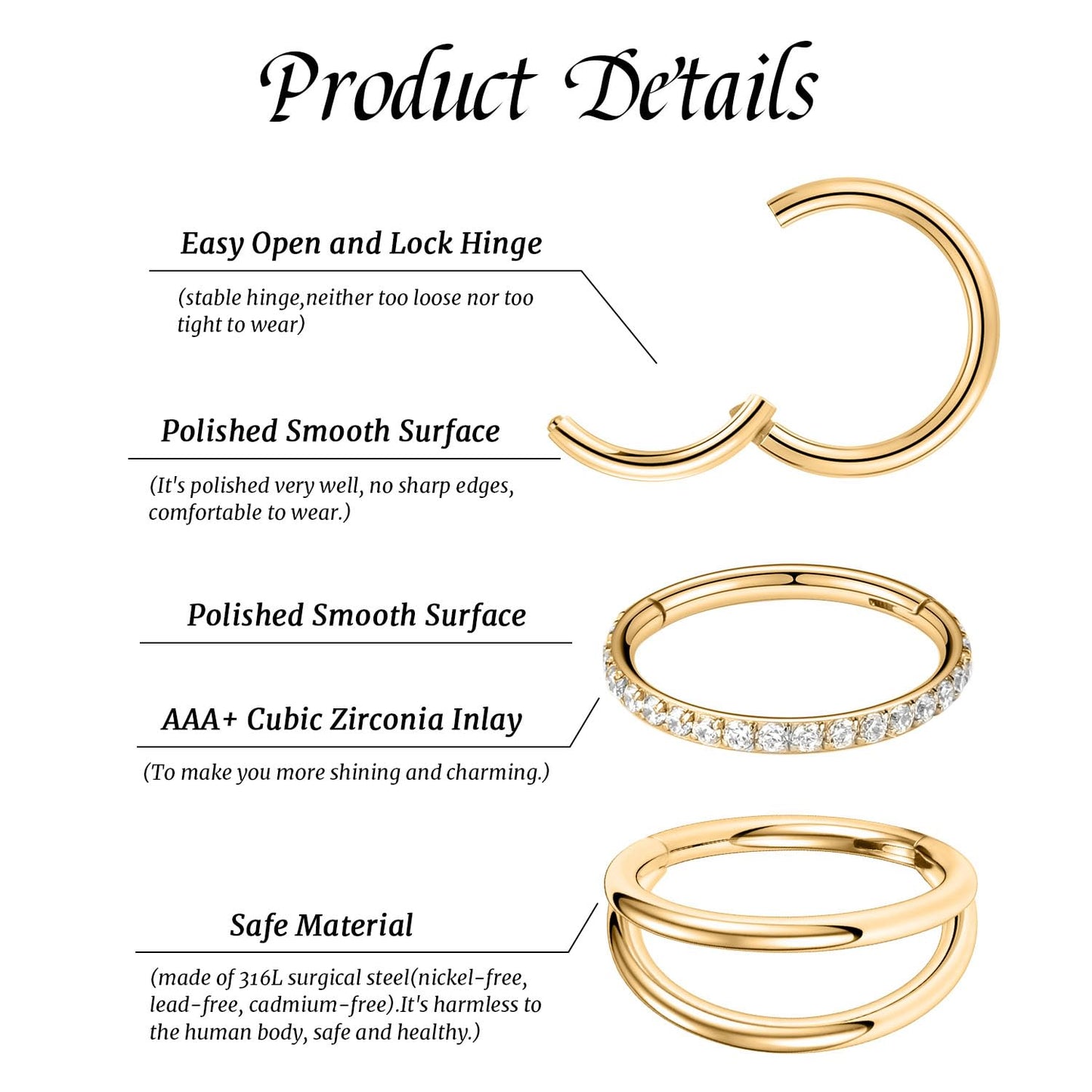 Septum Ring 6mm Septum Jewelry Double Hoop Septum Clicker Gold Conch Piercing Jewelry Nose Ring Hoop 20g Cartilage Earring with CZ Lip Rings Nose Hoop Surgical Steel Helix Earrings Nose Jewelry