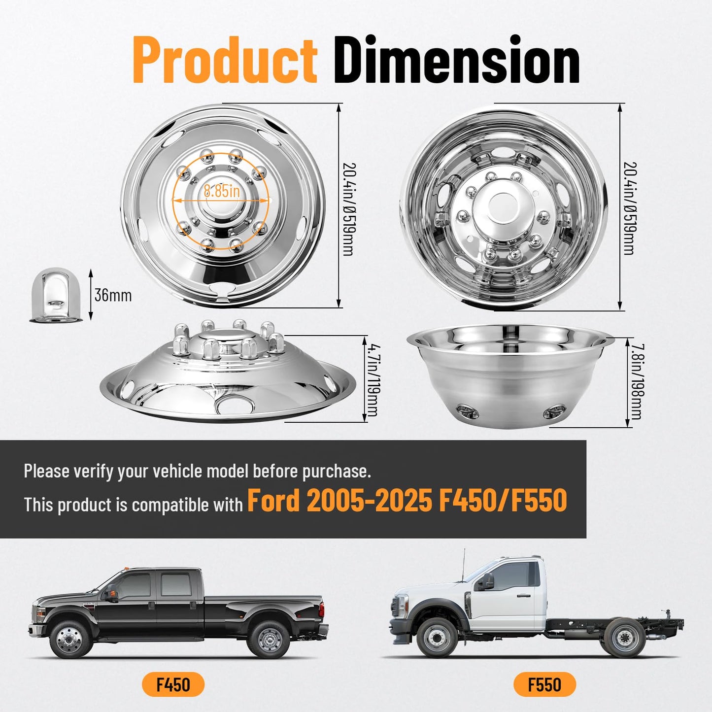 Foritrue 19.5" Hubcaps 10 Lug 304 Stainless Steel, 19.5 Wheel Simulators Polished Surface, 2Pcs Front Wheel and 2Pcs Rear Wheel, Bolts On Wheel Cover Set Compatible with Ford 2005-2025 F450/F550