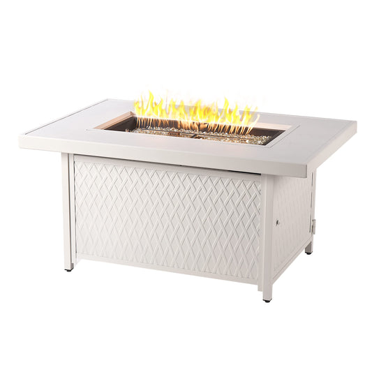 Oakland Living Rectangular 48 in. x 36 in. Aluminum Propane Fire Pit Table, Glass Beads, Two Covers, Lid, 57,000 BTUs in White Finish