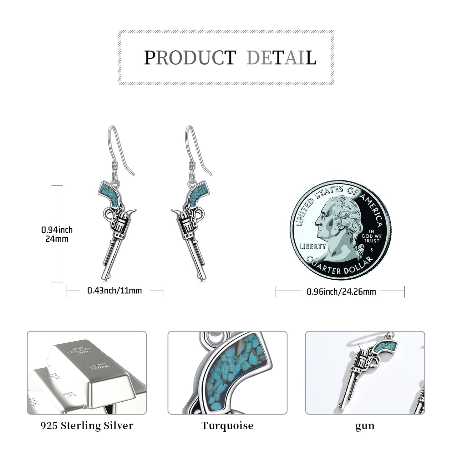 KoyeKei Western Gun Earrings for Women 925 Sterling Silver Pistol Dangle Drop Earrings Turquoise Country Cowboy Carter Jewelry Graduation Gifts for Mom Cowgirl Cowboy