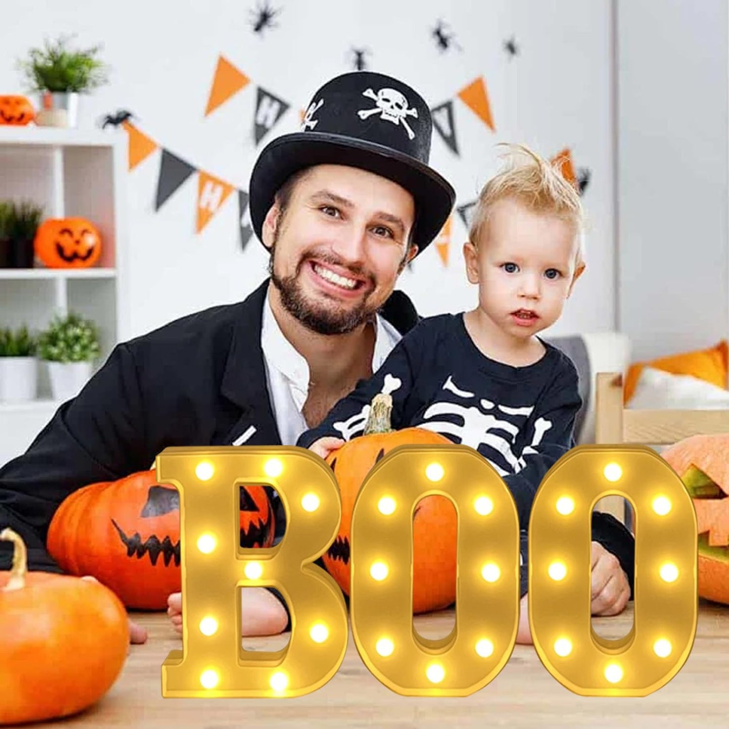 ZUOKEMY Halloween Decorative Lights - Light up Letter "BOO" Sign Halloween Outdoor Family Room Kitchen Fireplace Tabletop Party Decoration Supplies