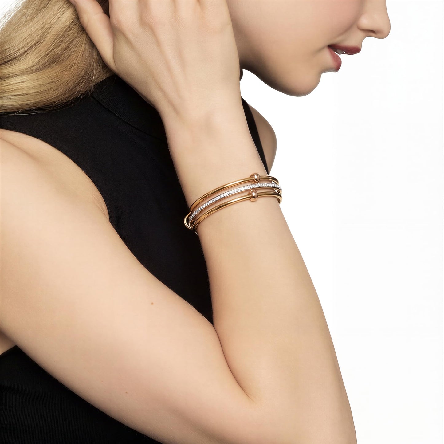 Musishiyu Gold Bracelets for Women Stacking Bangle - 18K Mixed Metal Tri-Color Rolling Interlocking Bands, Cubic Zirconia Fidget Anxiety Jewelry, Perfect Gifts for Mom Wife Grandma