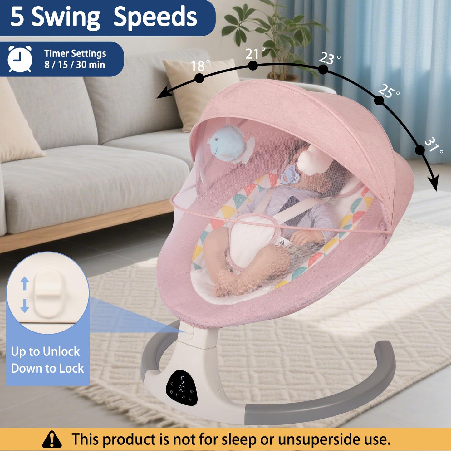 JFOVMCYG Electric Baby Swing for Infants and Toddlers, Portable Rocker with 5 Sway Speeds, Bluetooth Music, Remote Control, 10 Preset Melodies for Newborn Boy & Girl, 0-9 Months, Pink