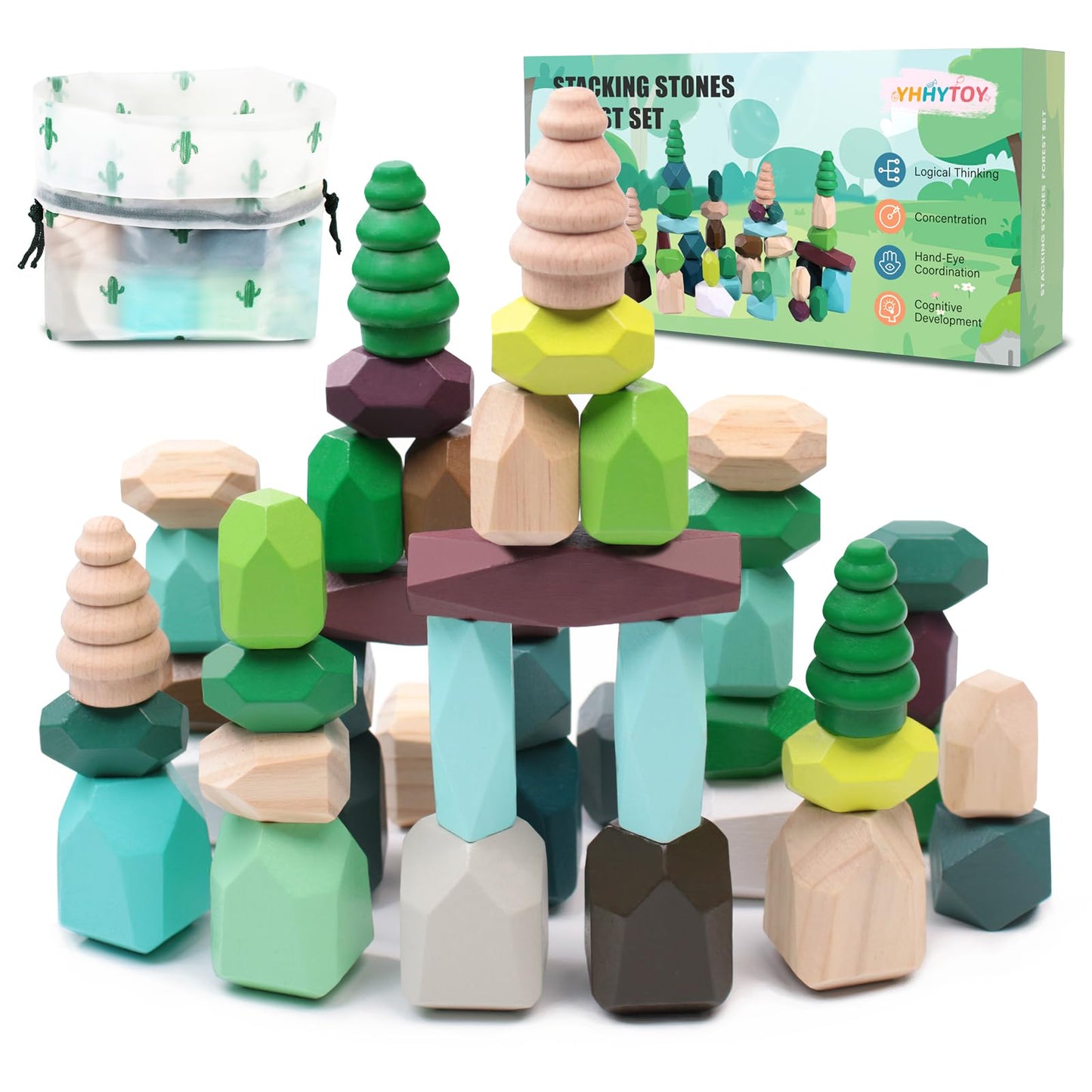 40 PCS Wooden Stacking Rocks Building Blocks Forest Theme, Sensory Learning Montessori Toys for 3 4 5 Year Old Kids, Preschool Educational STEM Toys Toddler Games Birthday Gifts for Girls Boys