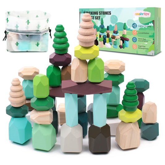 40 PCS Wooden Stacking Rocks Building Blocks Forest Theme, Sensory Learning Montessori Toys for 3 4 5 Year Old Kids, Preschool Educational STEM Toys Toddler Games Birthday Gifts for Girls Boys