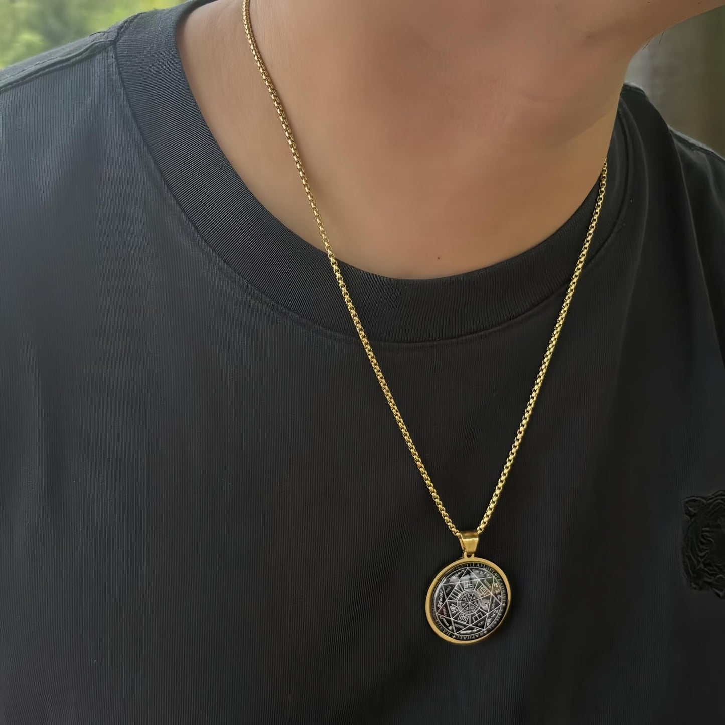 Joddfly Seven Angel Medal Pendant Stainless Steel Glass Solomon Talisman Necklace Guardian Jewelry Men and Women 24 inch Gift Set (golden)