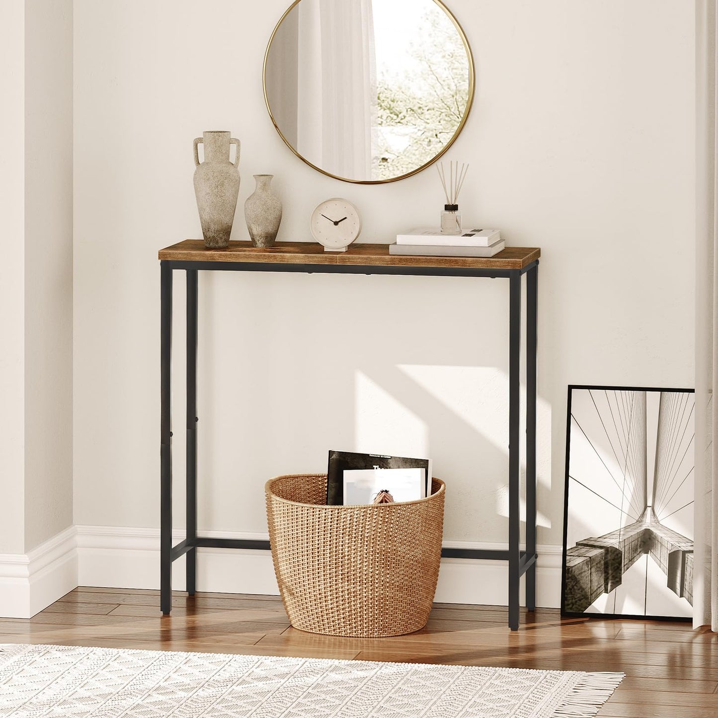HOOBRO Console Table and Floating Shelves Bundle, Thin Sofa Side Display Table, Wall Mounted Shelf Set of 2, BF75XG01-BF80BJP201