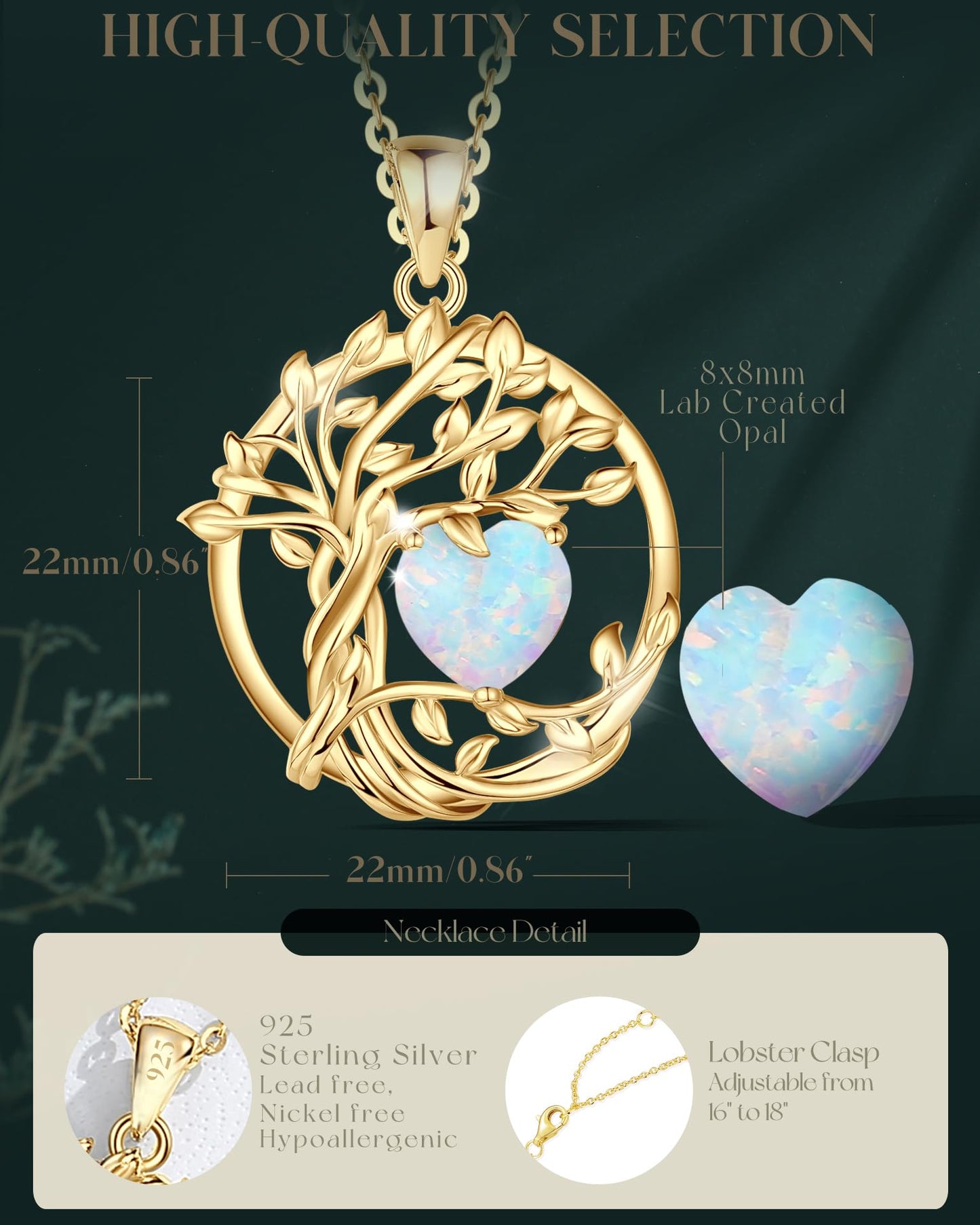 FANCIME Tree of life Birthstone Necklace for Women Sterling Silver Yellow Gold Plated Opal Pendant October Birthstone Gemstone Anniversary Birthday Mothers Day Gifts for Mom Her