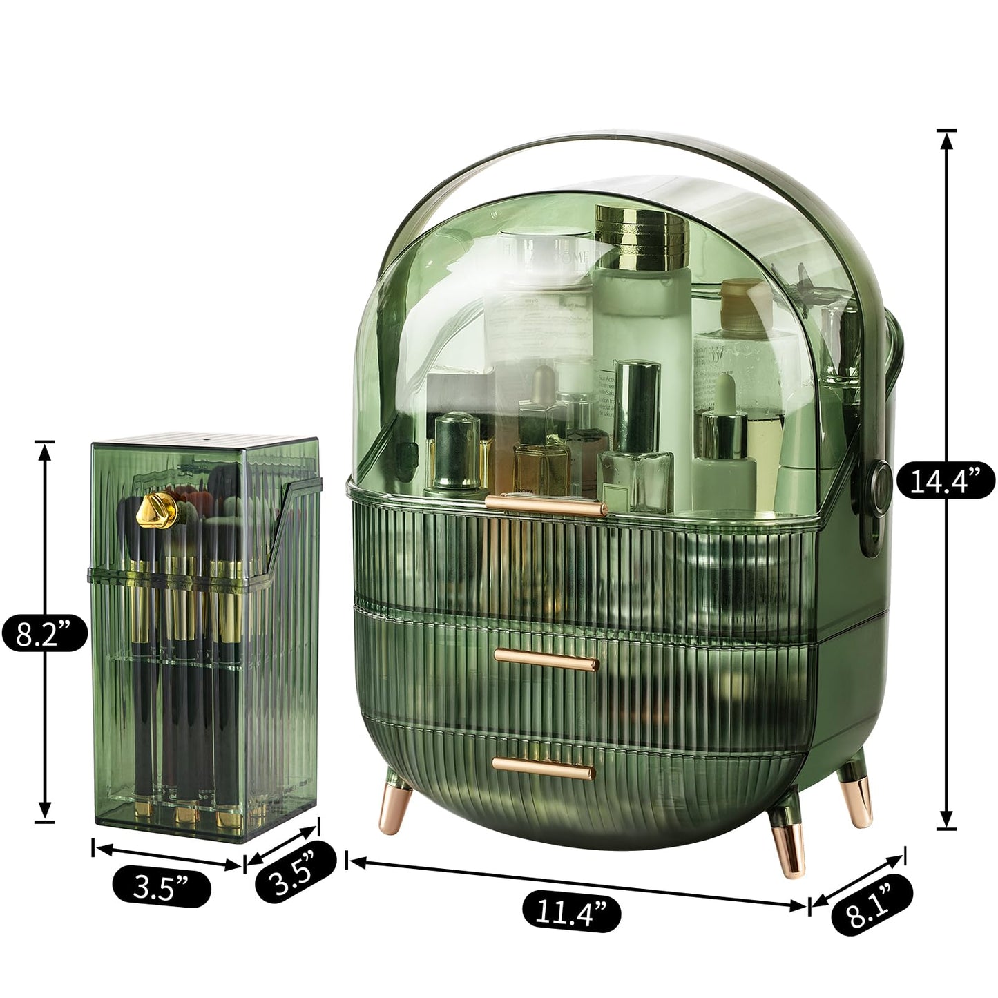 CANITORON Makeup Organizer,Large Capacity Skincare Organizer for Vanity,Cosmetic Organizer with 2 Drawers and Makeup Brush Holder for Bedroom Countertop and Bathroom Countertop Storage.(LGreen)