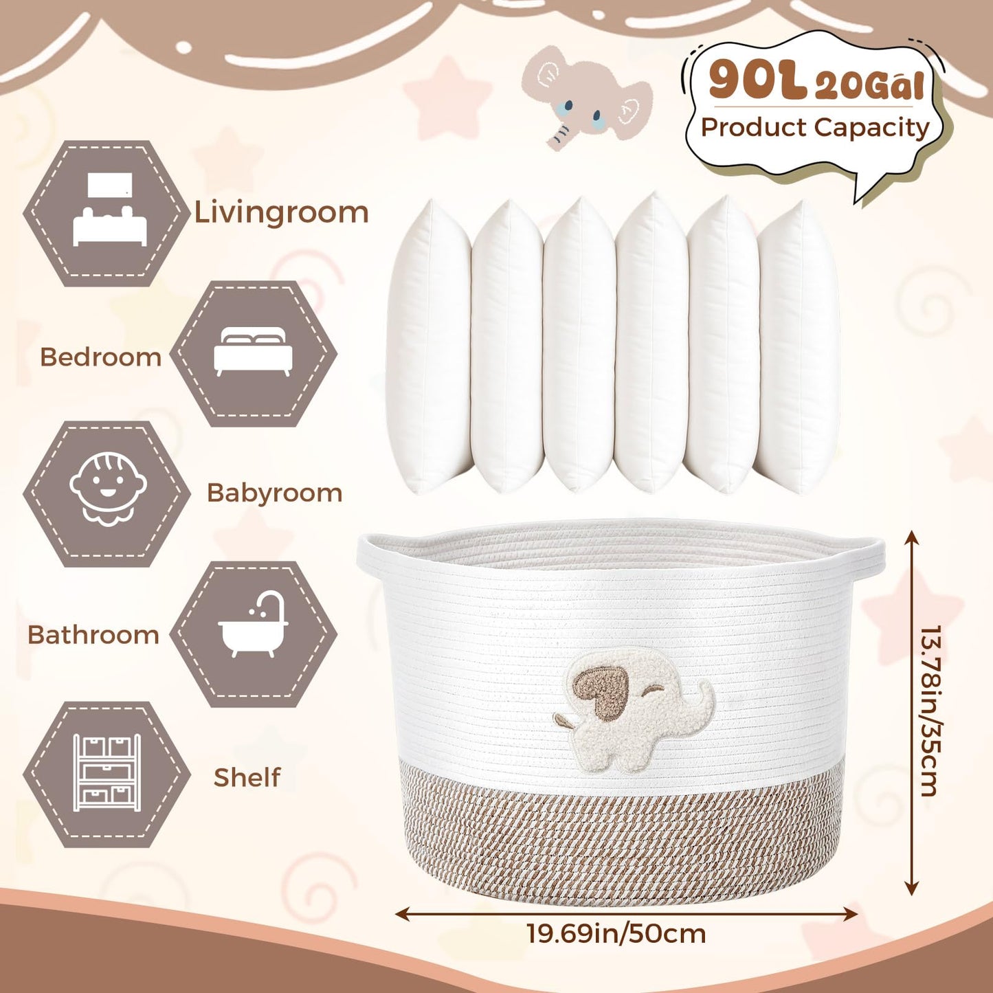LemonRoad Extra Large Basket 20"x14", Woven Baby Laundry Blanket Basket Toy Box with Handle Storage, Blanket Storage for Living Room Nursery Pillows Chest(Cotton Rope,Elephant,Brown)