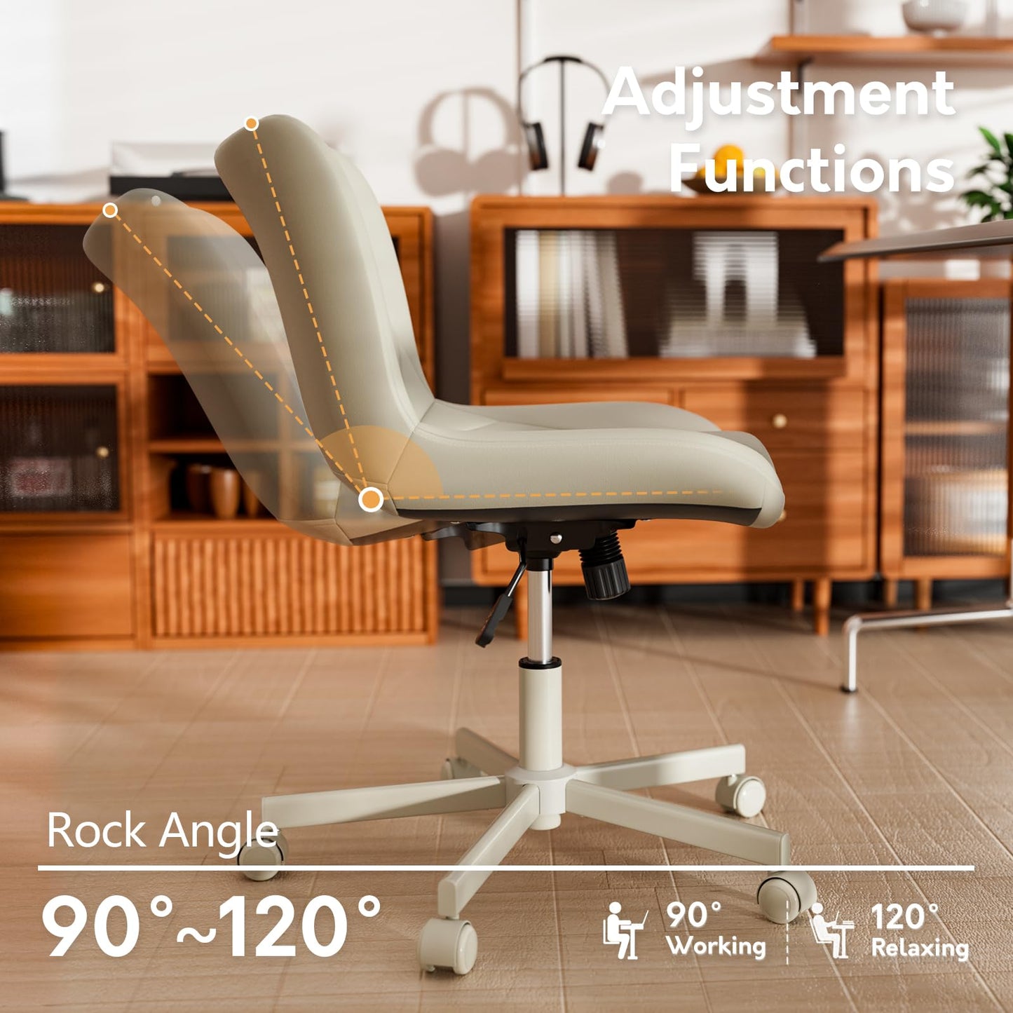 JULYMON Armless Desk Chair, Morden Home Office Chair no Arms, Adjustable Height & Rocking Computer Chair, PU Leather Vanity Chair, Ergonomic Seat Soft Padded Desk Chairs for Home Small Space, Beige
