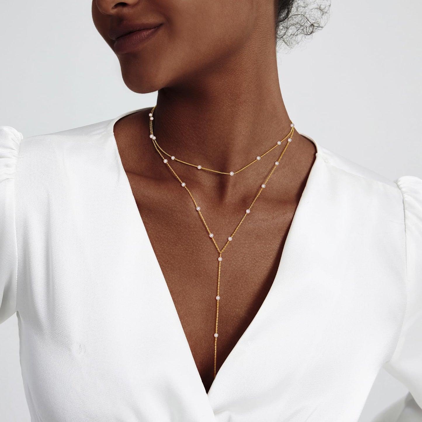 Zeffy Dainty Long Gold Necklaces for Women Trendy Pearl Lariat Y Necklace 14k Gold Plated Layered Beaded Drop Necklaces Simple Handmade Bar Pearl Pendant Y-Shaped Chain Jewelry Gift Wedding