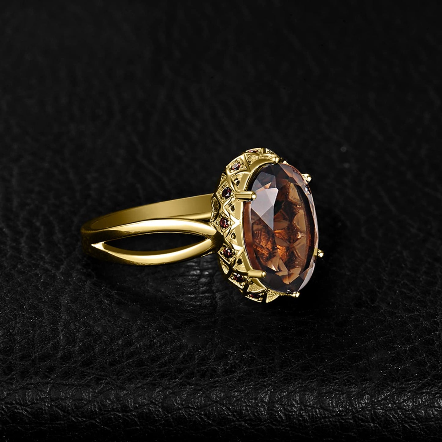 JewelryPalace Huge Oval Shape 5.7ct Genuine Smoky Quartz Cocktail Rings for Her, 14K Yellow Gold Plated 925 Sterling Silver Ring for Women, Natural Gemstone Jewelry Sets Rings 6