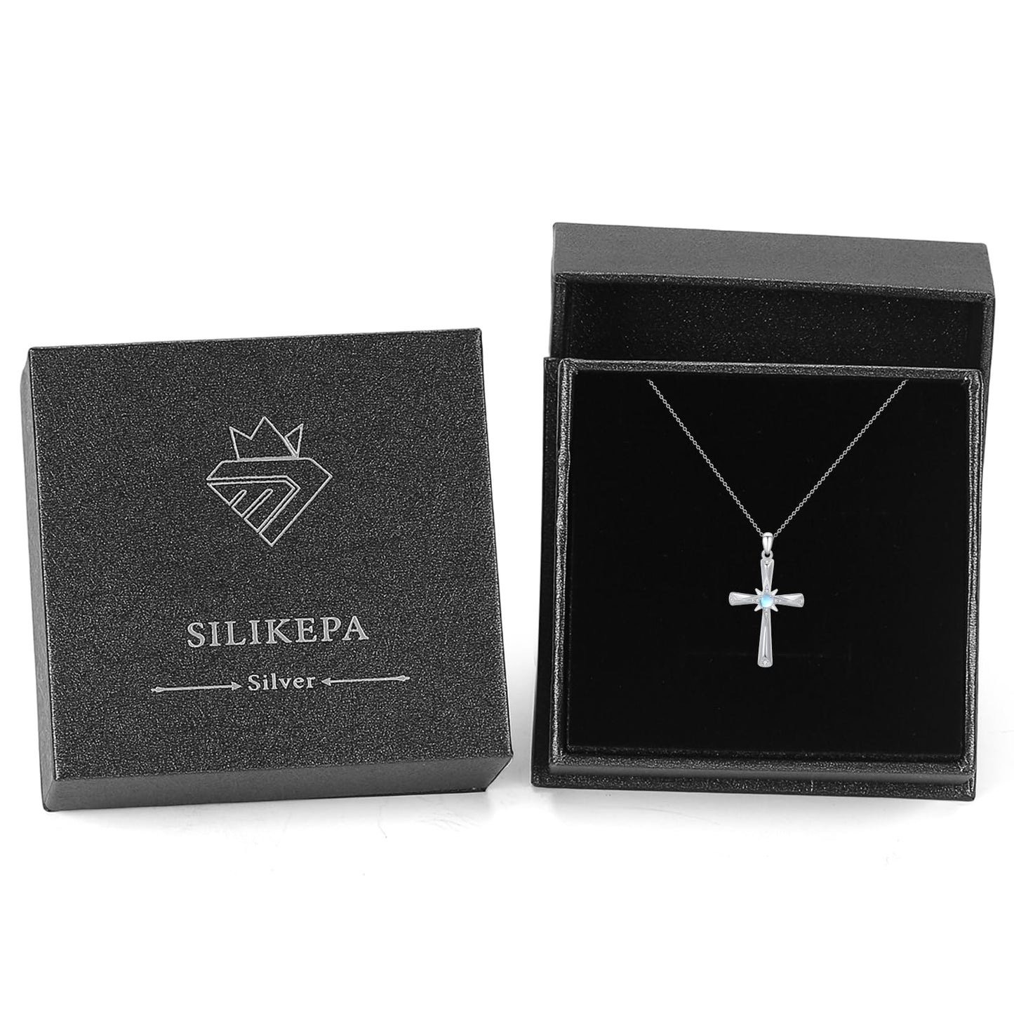 Silikepa Cross Necklace for Women 925 Sterling Silver Star Cross Pendant Necklace with Moonstone Christian Jewelry Gift for Women