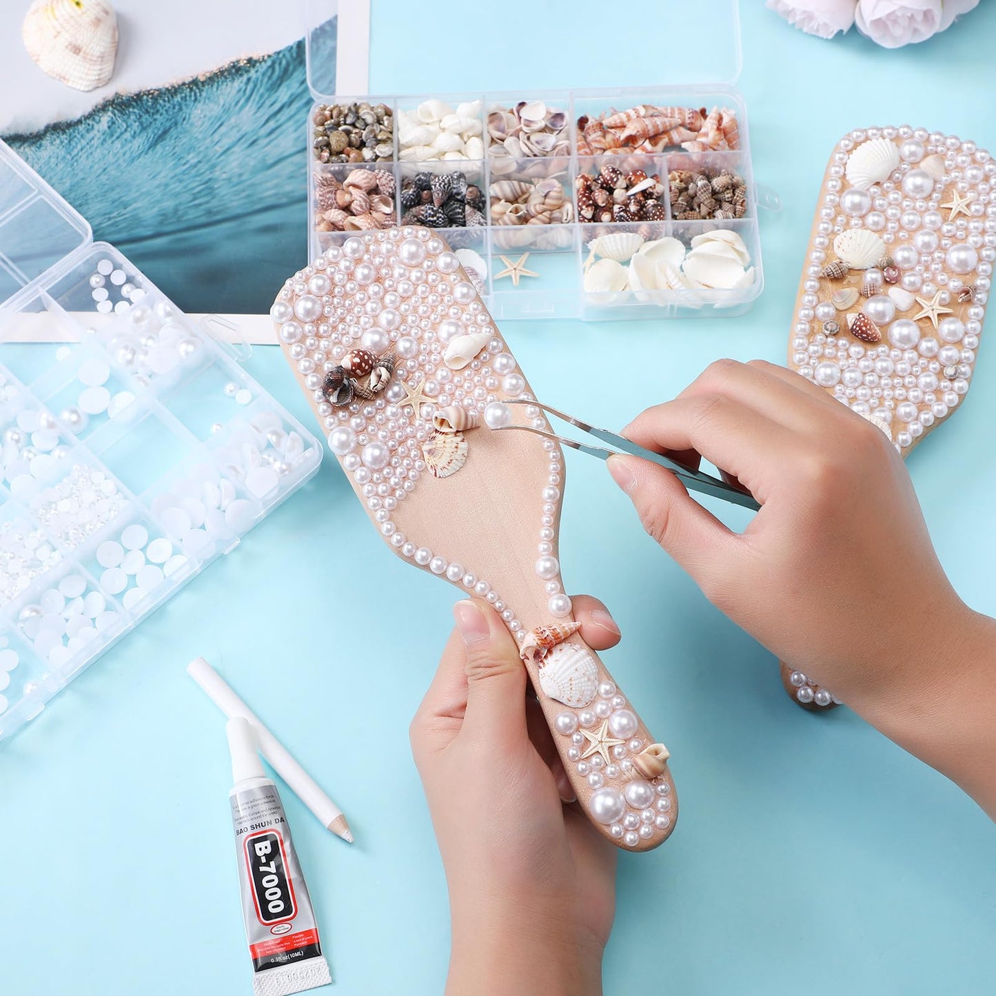 Potchen 6 Set Mermaid Hairbrush Kit DIY Creative Seashell Hairbrush with Mix Flatback Rhinestones Half Pearls Small Scallop Shell Decorate Your Own Hair Brush for Girls Women Bride Mermaid Party Favor