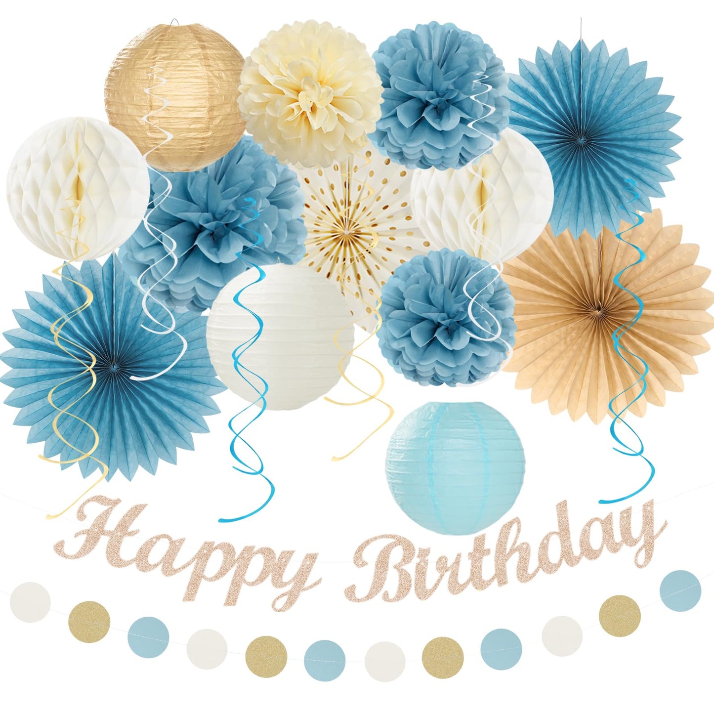 Light-Dusty Blue Beige-Champagne Women Birthday-Decorations - 21pcs Boho Neutral Happy Banner Garland,Paper Streamers Lanterns,Flower Tissue Pom Poms Fan Supplies,Wall Backdrop Party Decor Huglony