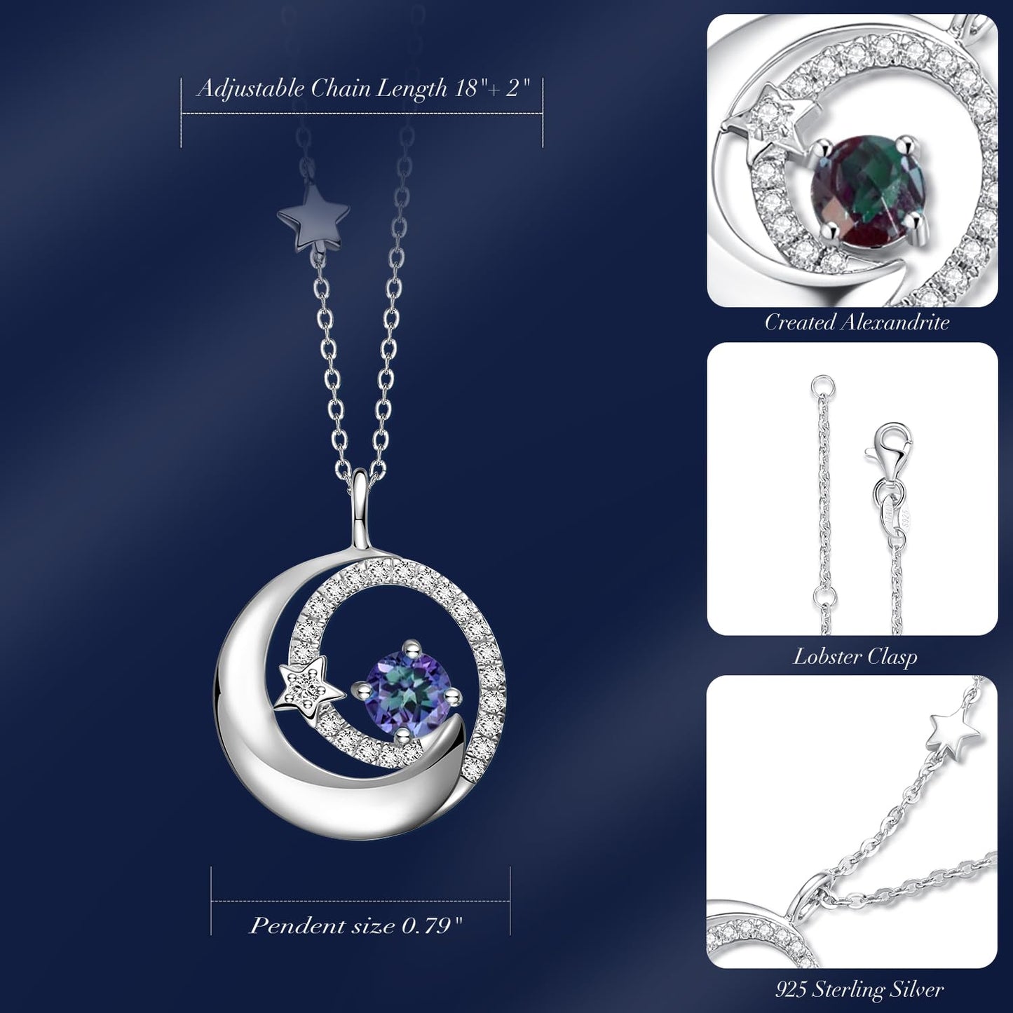 FANCIME Alexandrite Necklace 925 Sterling Silver June Birthstone Moon Star Pendant Fine Jewelry Birthday Anniversary Mothers Day Gifts for Mom Women Daughter