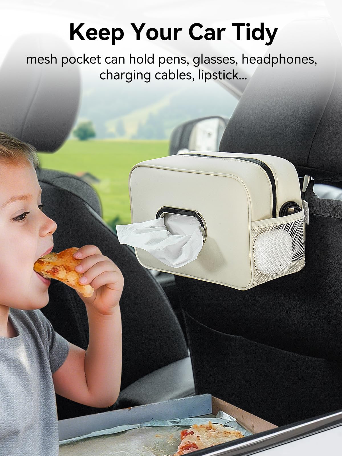 Multi-Functional Car Tissue Holder with ‌2 Storage Nets, Upgraded PU Leather Tissue Box Cover, Large Rectangle Napkin Organizer, Fit for 100-160 Regular Size Tissues, Keep Car Tidy, Beige