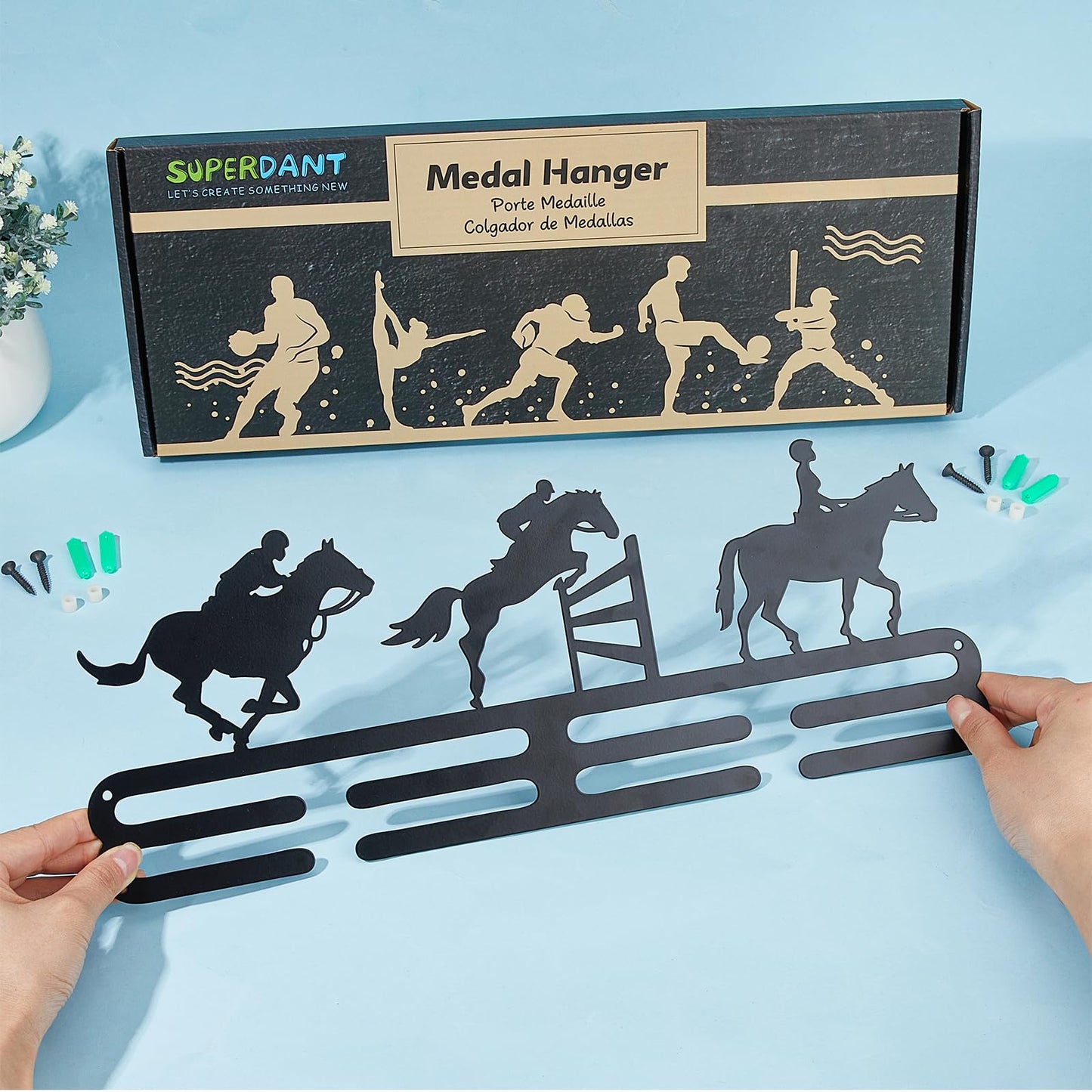 SUPERDANT Horsemanship Medal Hanger Equestrian Sports Medals Holder Personalised Award Ribbons Black Medal Metal Rack Wall Mount Hanging 2 Rows 8 Hangers Gifts for Athletes Kids 15.75x6in