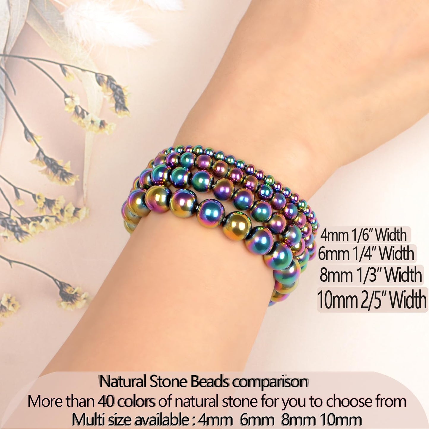 LPBeads Handmade Natural Gemstone Stretch Elastic 4mm Rainbow Coated Hematite Bracelet Healing Crystal Round Stone Beads Jewelry Gifts for Women Men