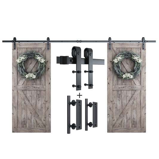 SMARTSTANDARD 12 Feet Heavy Duty Double Sliding Barn Door Hardware Kit with 2 Pack Handles