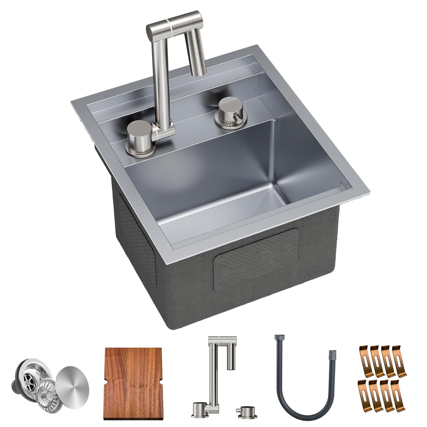 TORVA RV Kitchen Sink, 13 x 15 x 9 Inch Undermount Bar Sink 16 Gauge Stainless Steel Single Bowl Sink with Faucet Cutting Board, Grey
