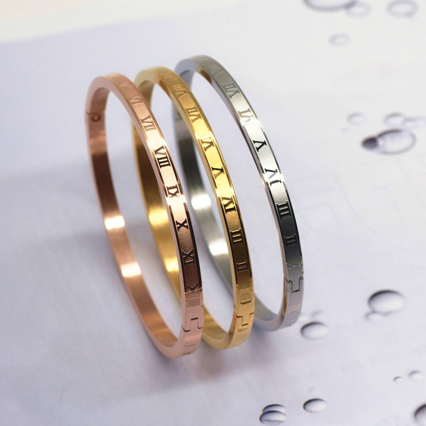 Jarlinwel Gold Silver Plated Bracelets for Men Women Roman Numeral Bangle Bracelet Stainless Steel Personalized Engraved Unisex Gift (4mm Womens 3 Color Set)