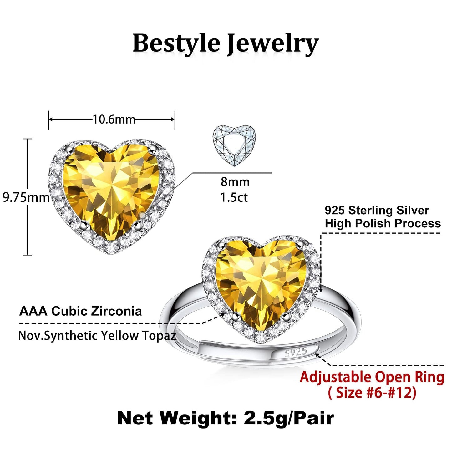Bestyle S925 Sterling Silver Heart Crytsal Rings, Dainty November Critine Crystals Birthstone Rings, Anniversary/Mother’s Day/Birthday Jewelry Gifts for Women Mom/Wife/Sister/Best Friend